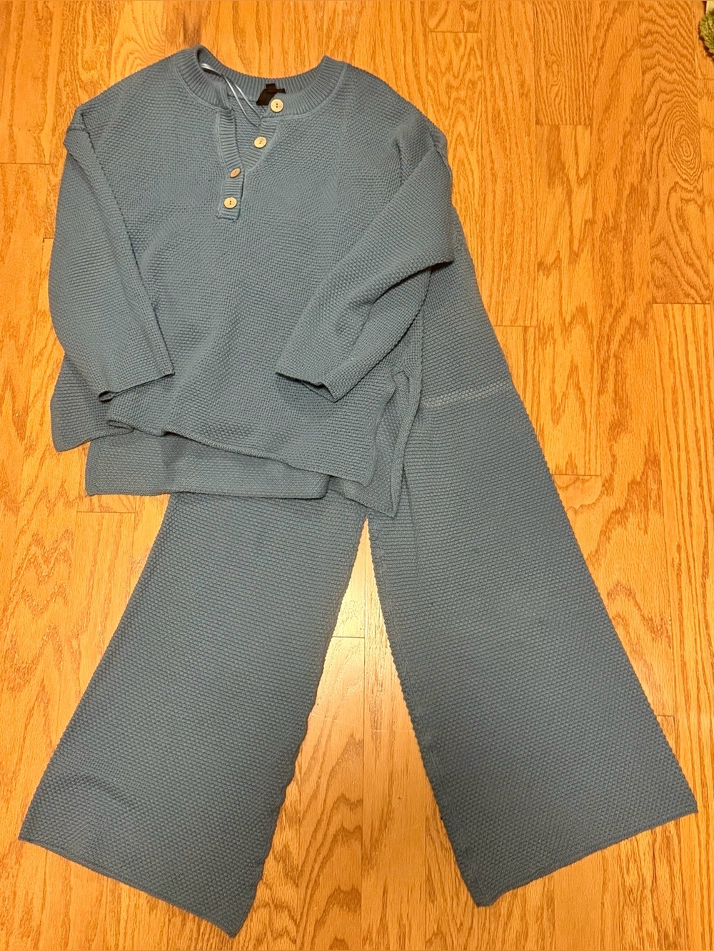 Wide Leg Knit Pants & Top Set in Dusty Blue